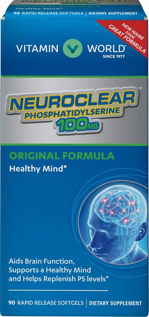 Vitamin World NeuroClearTM Phosphatidylserine 100 mg. 90 Softgels, PS Levels, Gehirnunterstützung, Mental Focus, Rapid-Release, Glutenfrei