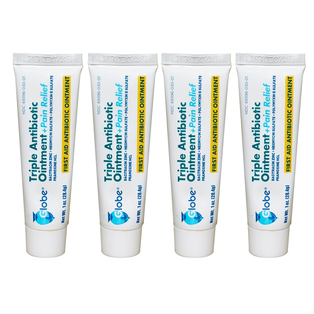 Globe (4 Pack Triple Antibiotic + Schmerzlinderung Salbe 1oz, Erste Hilfe Antibiotikum, lindert Schmerzen, Schnitte, Burns und Schrott 24 Stunden Infektionsschutz