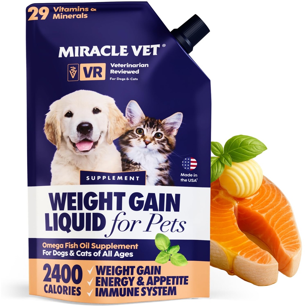 Miracle Vet High-Calorie Weight Gainer for Dogs & Cats - Multivitamin Nutritional Supplement Gel, Omega Fish Oil, Calcium - Puppy, Senior, Prenatal Cat & Dog Vitamins, Supplements for Weight Gain