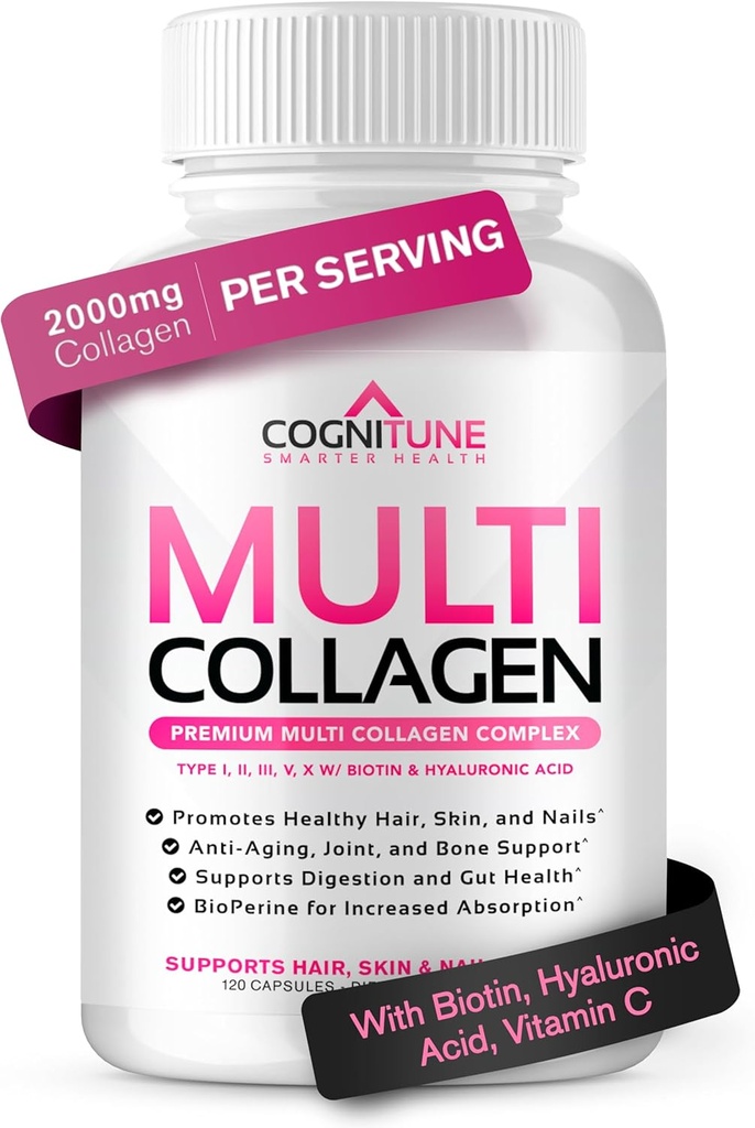 Multi Collagen für Frauen mit Hyaluronsäure, Vitamin C und Biotin, Collagen Protein Supplement mit den Typen I, II, III, V, Xes für gesündes Haar, Haut, Nails und Gelenke, 120 Kapseln