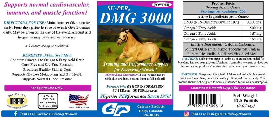SU-PER DMG 3000 Pferde-Ergänzung - Training & Performance Support Powder - Unterstützt normale Herz-Kreislauf Immun- & Muskel-Funktion - 12.5 Pfund, 6 Monate Versorgung