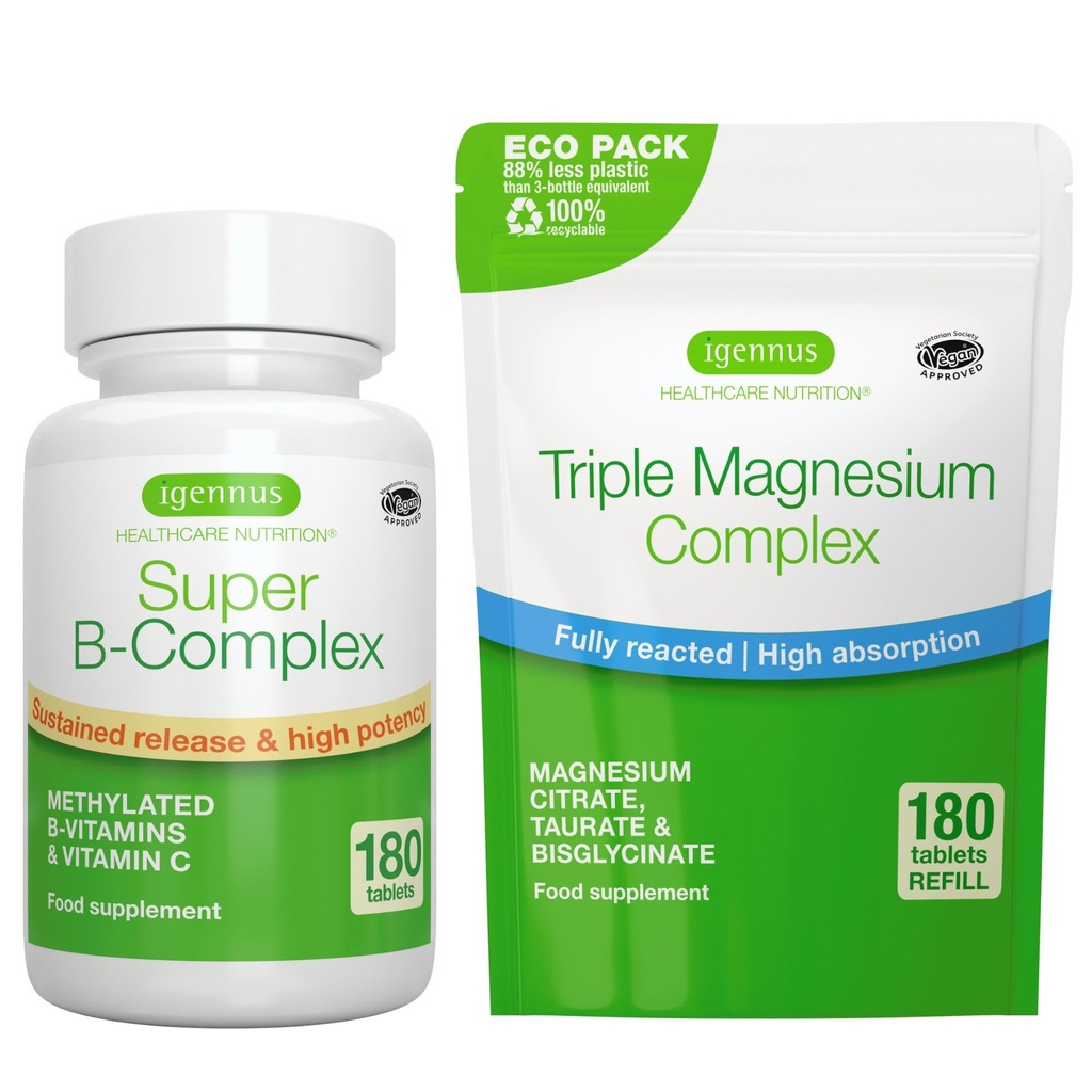 Super B-Komplex 180 Tabletten + Triple Magnesium Complex 180 Tabletten Vegan Bundle, methyliert Sustained Release B Complex + High Absorption Chelat Magnesium Glycinat, Taurate & Citrate, von Igennus