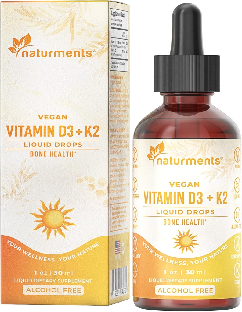 Naturments Vitamine D3 avec des gouttes liquides K2 (sous forme de lichen) +K2 Complexe : pour la santé des os et du coeur Formule immunitaire Soutien et énergie - Absorption plus rapide Non-OGM, Sans alcool végétalien, Sans sucre 1 Fl Oz