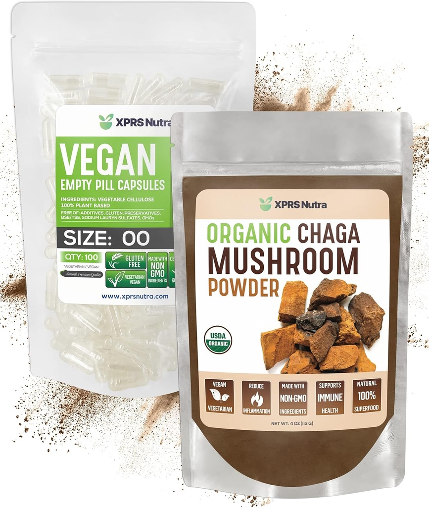 XPRS Nutra Organic Chaga Powder 4 Ounce with Size 00 Pre-Separated Empty Capsules (100 Count) Bundle