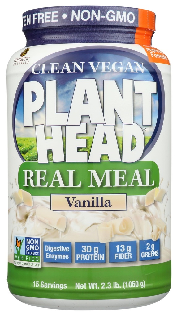 Plant Head Real Meal Bio base de protéines poudre, Vanille - Vegan, faible teneur en glucides nets, non laitiers, sans gluten, sans lactose, sans sucre ajouté, 2,3 livres