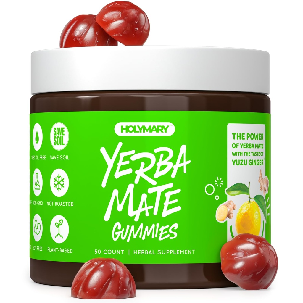 Yerba Mate Gummies - Yuzu & Ginger Flavor für Energie, Fokus, Immunität & Cardio Gesundheit | Vegan, Non-GMO, Gluten-Free - 50 Natürliche Beilagengummis