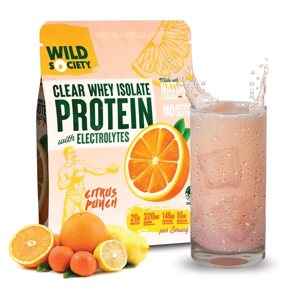 SOCIÉTÉ WILD - Protéines de lactosérum clair + électrolytes - Poudre de l'isolate de lactosérum rafraîchissante - 20g Protéines, 0 Sucre ajouté, sans OGM, arômes et couleurs naturels - Citrus Punch, 16 oz