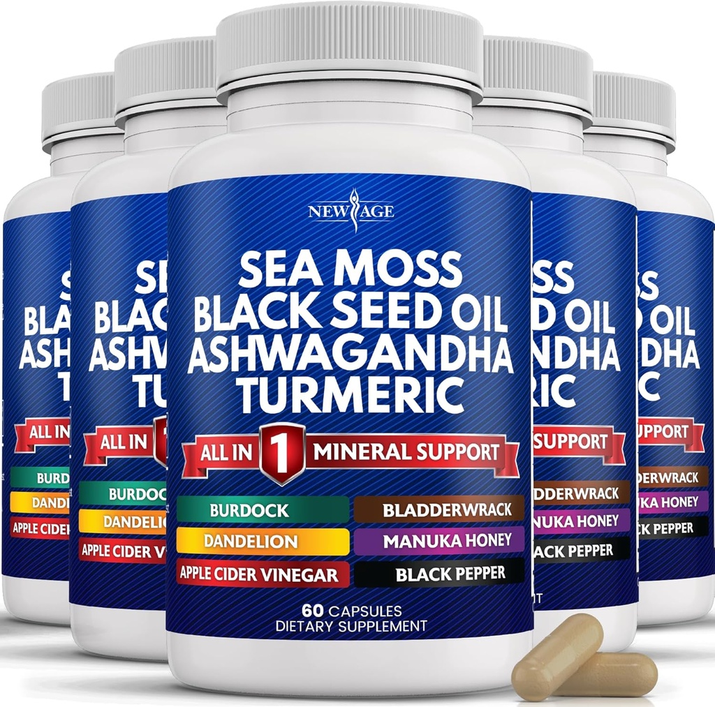 NEU AGE Sea Moss Black Seed Oil Ashwagandha Turmeric Bladderwrack Burdock - mit Manuka, Honey Dandelion, ACV Black Pepper Gluten Free