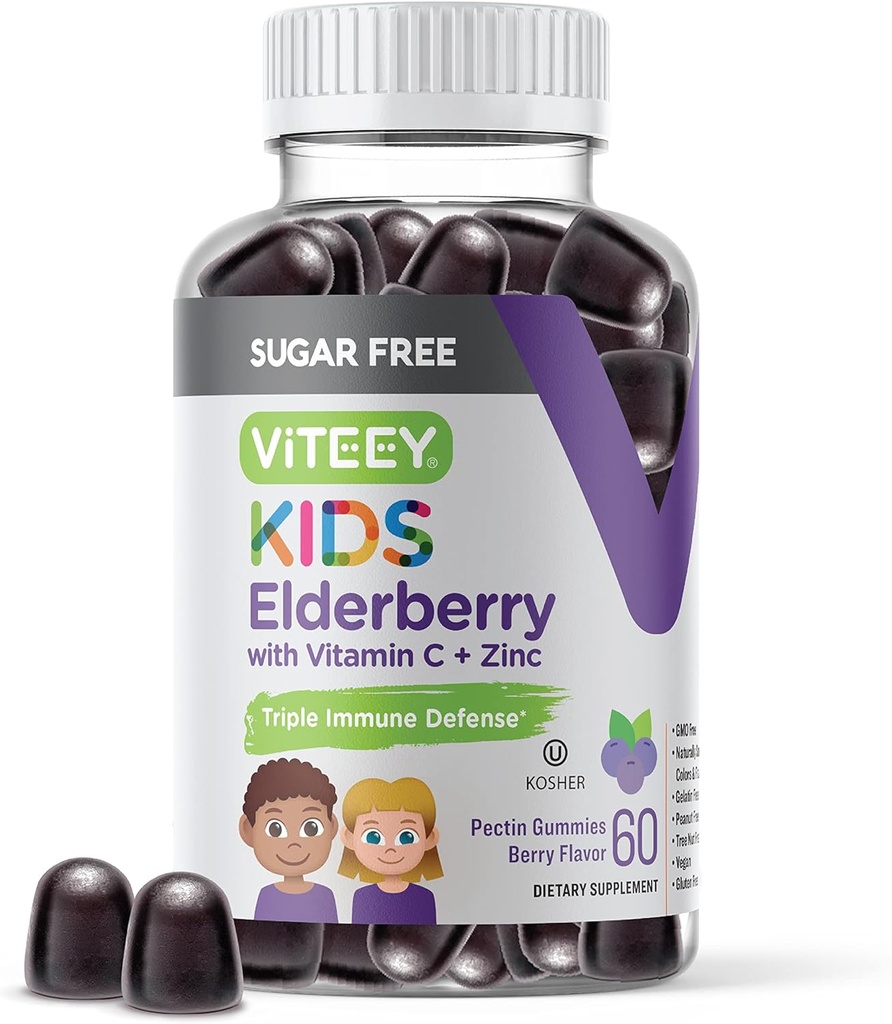 Viteey Sambucus Elderberry Gummies for Kids - Sugar Free - Immune Support Supplements with Vitamin C & Zinc, [3-1 Immune Booster] Vegan, Gelatin Free, Gluten Free - Tasty Chewable Berry Flavored