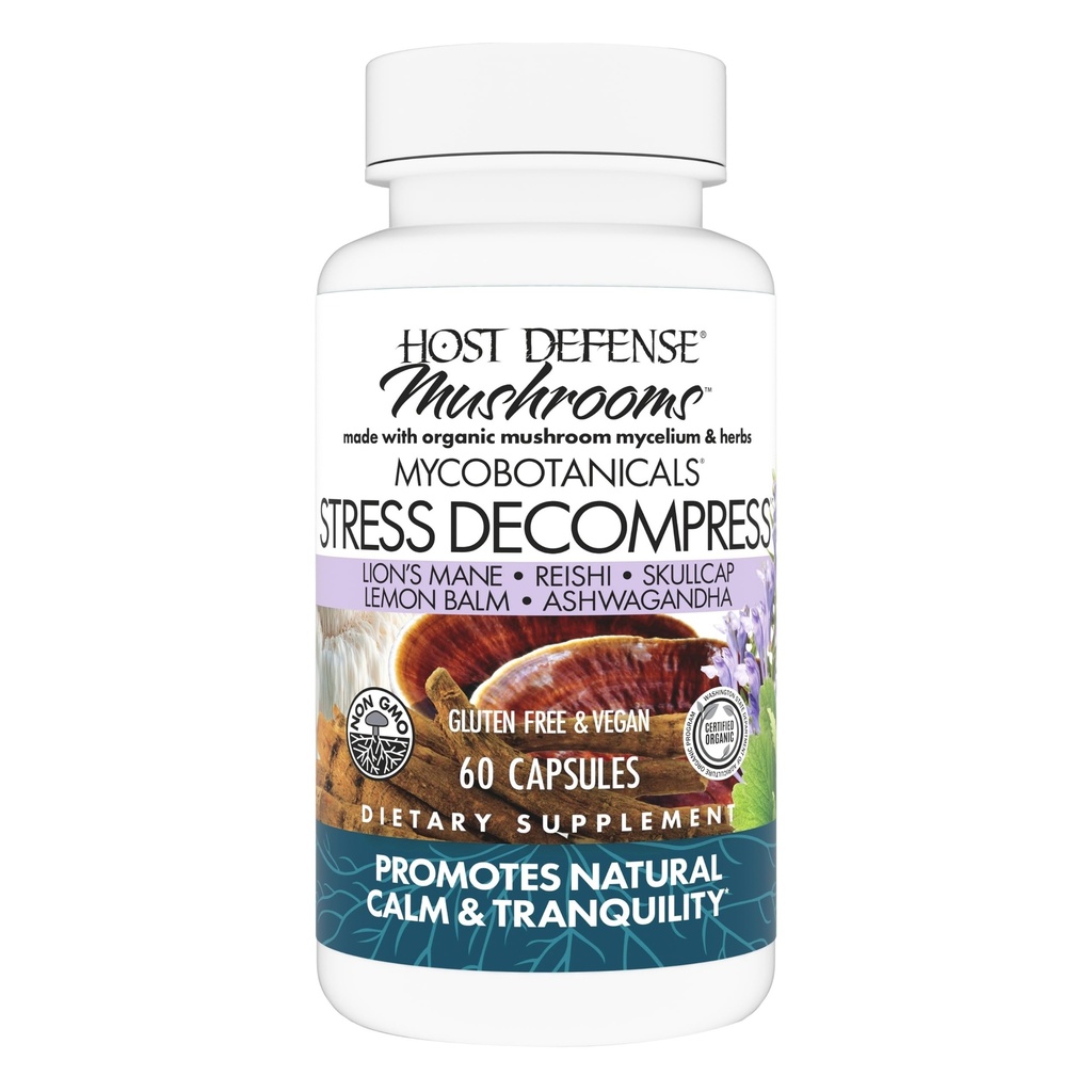 Défense de l'hôte MycoBotanicals Stress Decompress* Capsules - Supplément de champignons avec baume de citron et racine d'Ashwagandha - avec Reishi, Lion's Man & Skullcap - 60 capsules (30 portions)*