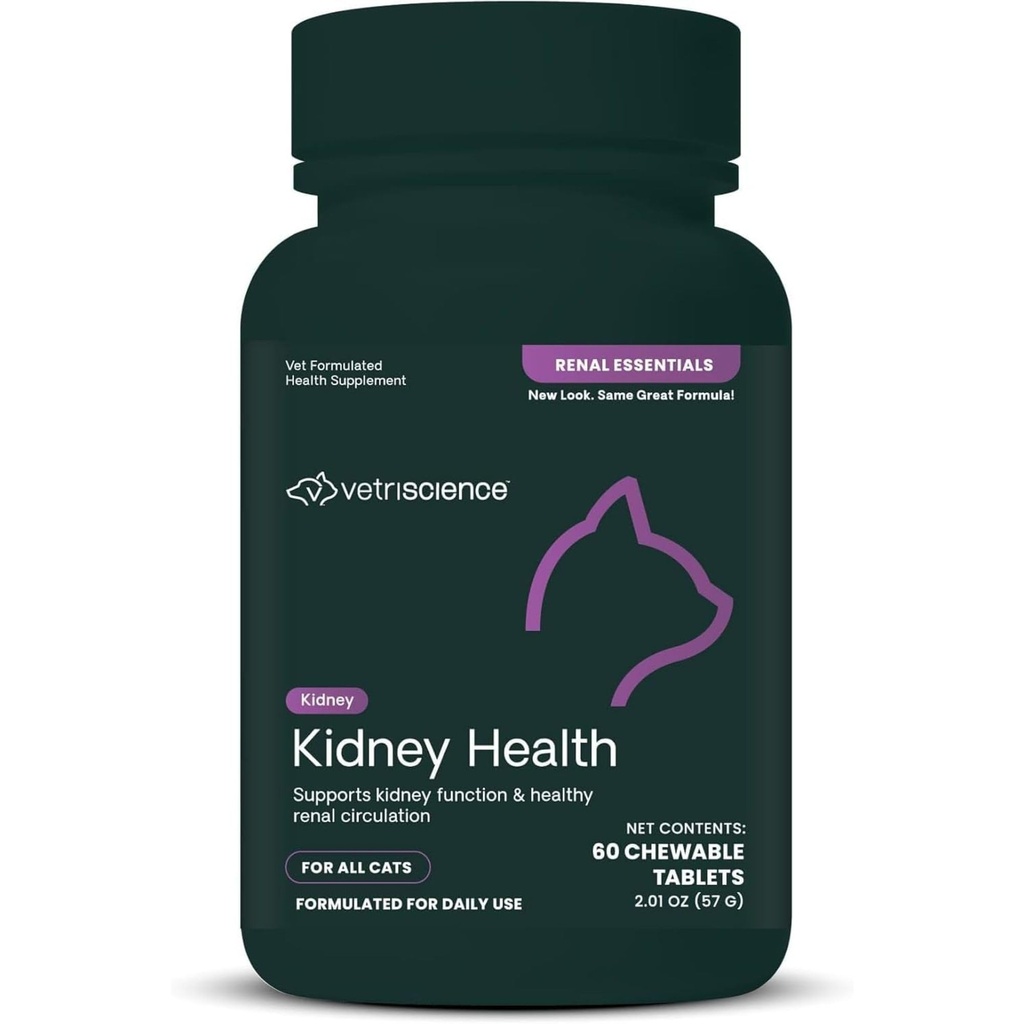 VetriScience Kidney Health Chewable Tablets, Renal Essentials Ergänzung für Katzen, Nierenpflege und Unterstützung mit Pilz, Astragalus Root, Nettle Seed und Kräuter, Huhn und Fisch, 60 Count