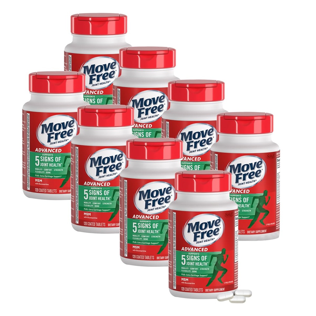 Déplacer sans glucosamine avancée Chondroïtine MSM Joint Support Supplément, soutient la mobilité, confort, force, flexibilité et os, 120 comprimés/40 portions (8 pack)