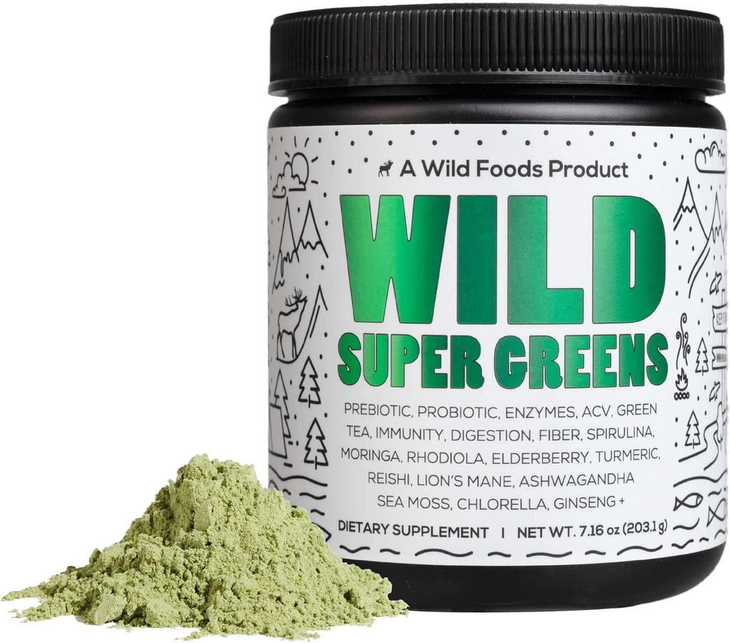 Wild Foods Raw Super Greens Powder Daily Juice Drink mit Probiotika und Verdauungsenzym-Mischung - Ganze Nahrungsquelle, 46 pflanzliche Nährstoffe, Non-GMO, Spirulina, Chlorella, Wheatgrass (30 Portionen)