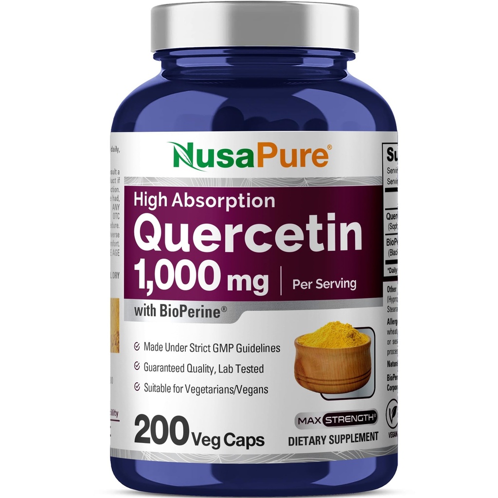 NusaPure Quercetin 1000mg - 200 Veggie Caps (Non-GMO, Vegan, Vegetarisch) Bioperine
