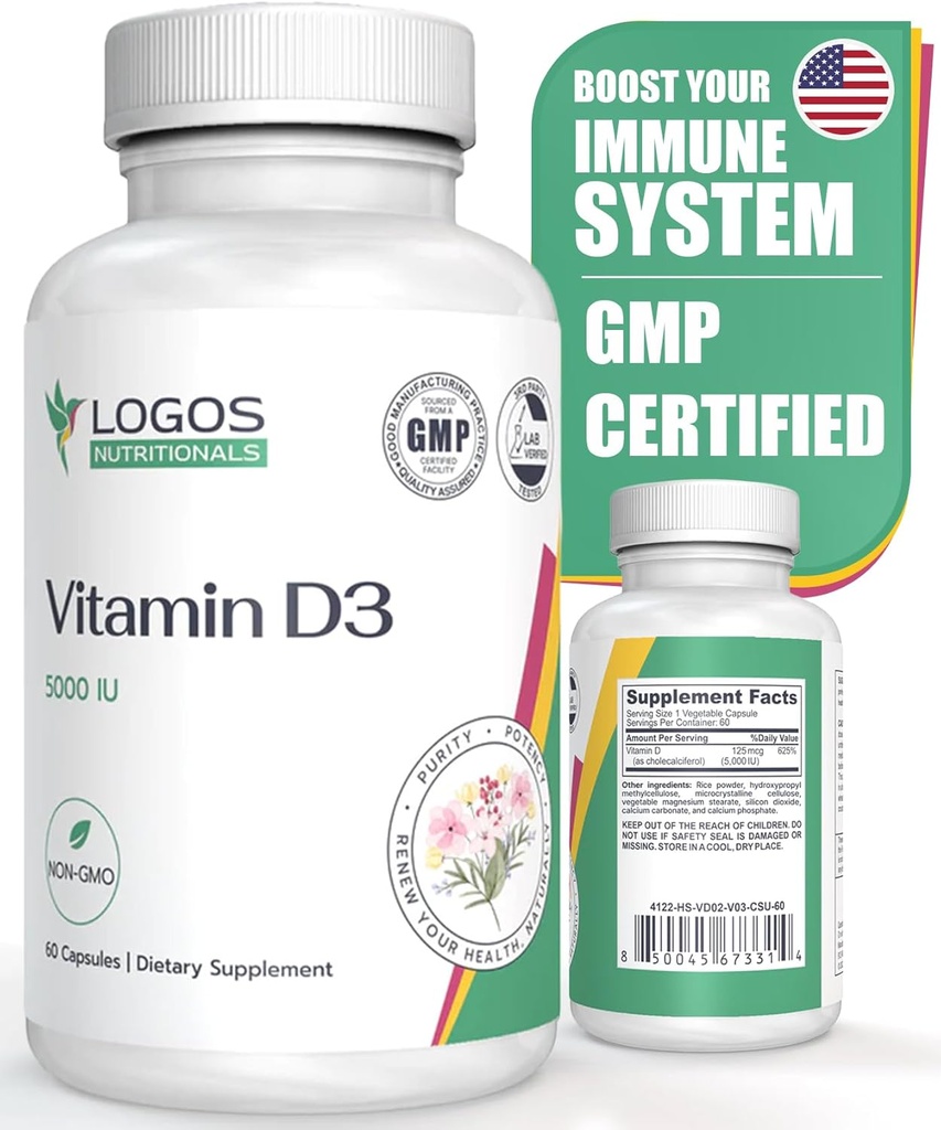 Vitamin D3 Supplement - Vitamin D-5000 IU - Unterstützt gesunde Knochen, Zähne, Muskeln, Herz-Kreislauf und Immunfunktion - Dairy-Free, Soja-Free - 60 Kapseln