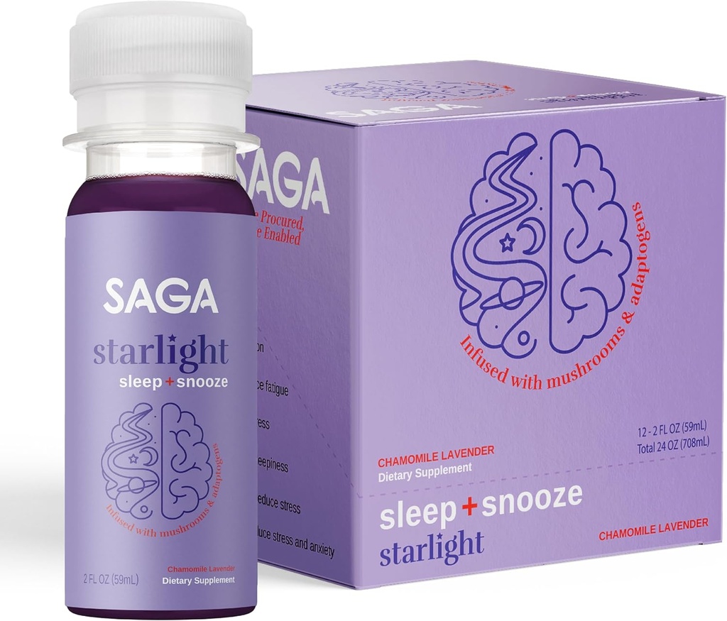 SAGA Starlight Organic Sleep Shots – Aide naturelle au sommeil avec la mélatonine, Reishi, la racine valériane, Ashwagandha, Camomille – sans sucre, végétalien, calories zéro, soutien au sommeil basé sur la plante, taille de voyage (2 Oz)