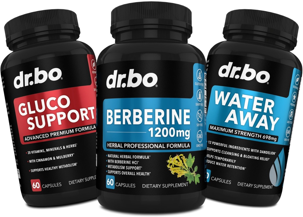 DR. BO Berberine Supplement Metabolism Support & Wasser Pillen - 1200mg Berberine HCL Ergänzung für gesunde Stoffwechselunterstützung - Premium HCL 600mg pro Kapsel & Wasser Pillen Diuretics Retention