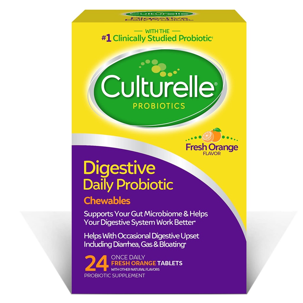 Culturelle Digestive Health Daily Probiotic Chewables, probiotique pour les hommes et les femmes, la souche probiotique la plus étudiée cliniquement, 10 milliards d'UFC, soutient la diarrhée occasionnelle, le gaz et le ballonnement, 24 Nombre