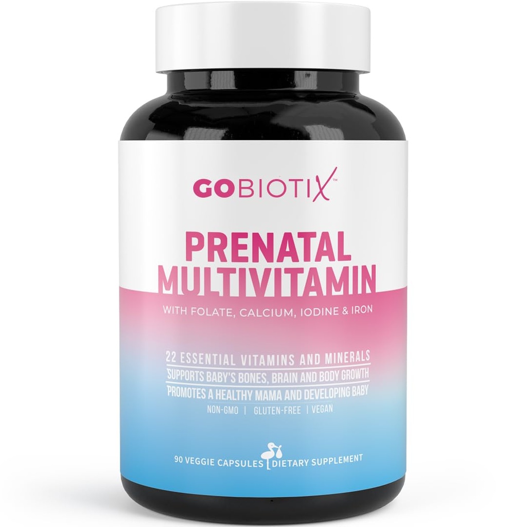 GOBIOTIX Vitamines prénatales pour femmes - Multivitamines avec fer, calcium, vitamine D2, C, zinc et acide folique pour la grossesse - Essentiels pré et postpartum - Non-OGM - 90 Capsules