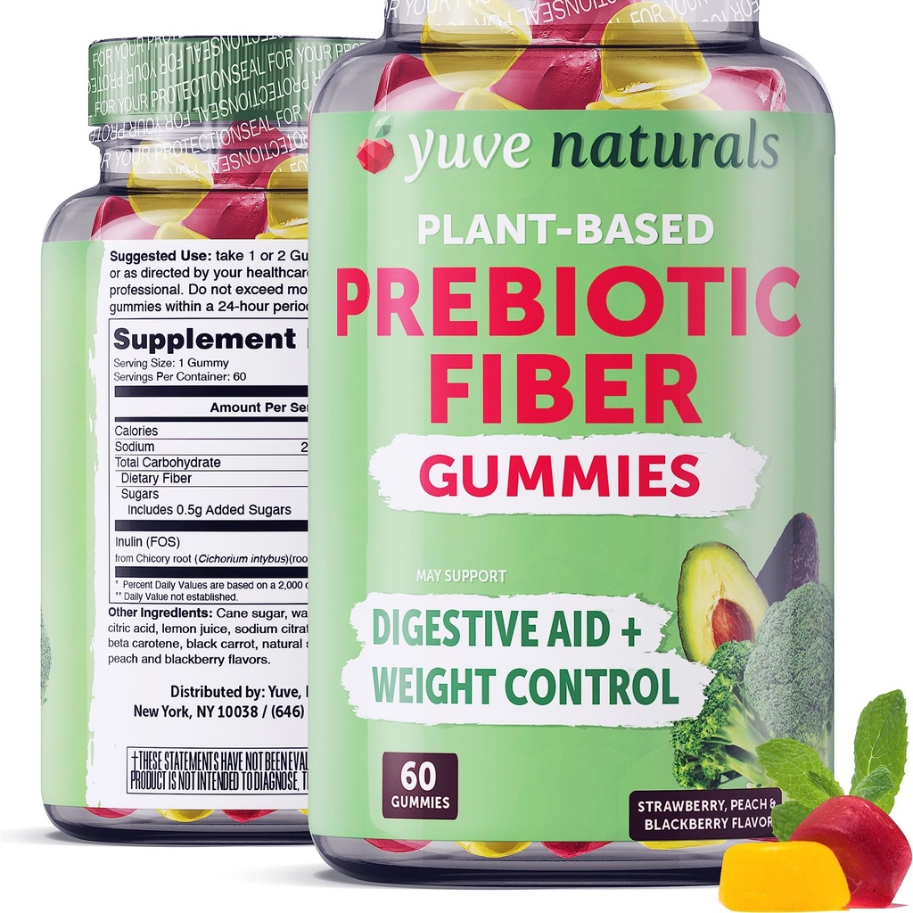 Yuve Prebiotic Fiber Gummis - Delicious - 3g Soluble Fiber Supplement - Unterstützt Verdauungs-Gesundheit & Regularität - Vegan & Glutenfreie Fiber Gummis für Erwachsene & Kinder - Non-GMO & Low Sugar - 60 Count