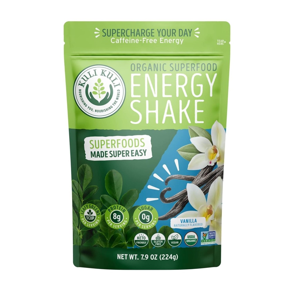 Kuli Kuli Bio Moringa Greens Smoothie Mix - Pflanzenbasierte Superfood Protein Smoothie Mix, Vanille, 7.9 Unze Pouch, Vegan und Gluten-Free mit 8g Pea Protein und 1 Cup Greens pro Servierung