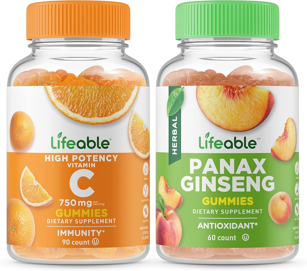 Lebensfähiges Vitamin C 750mg + Panax Ginseng, Gummies Bundle - Große Verkostung, Vitaminergänzung, Glutenfrei, GMO frei, Kaugummi