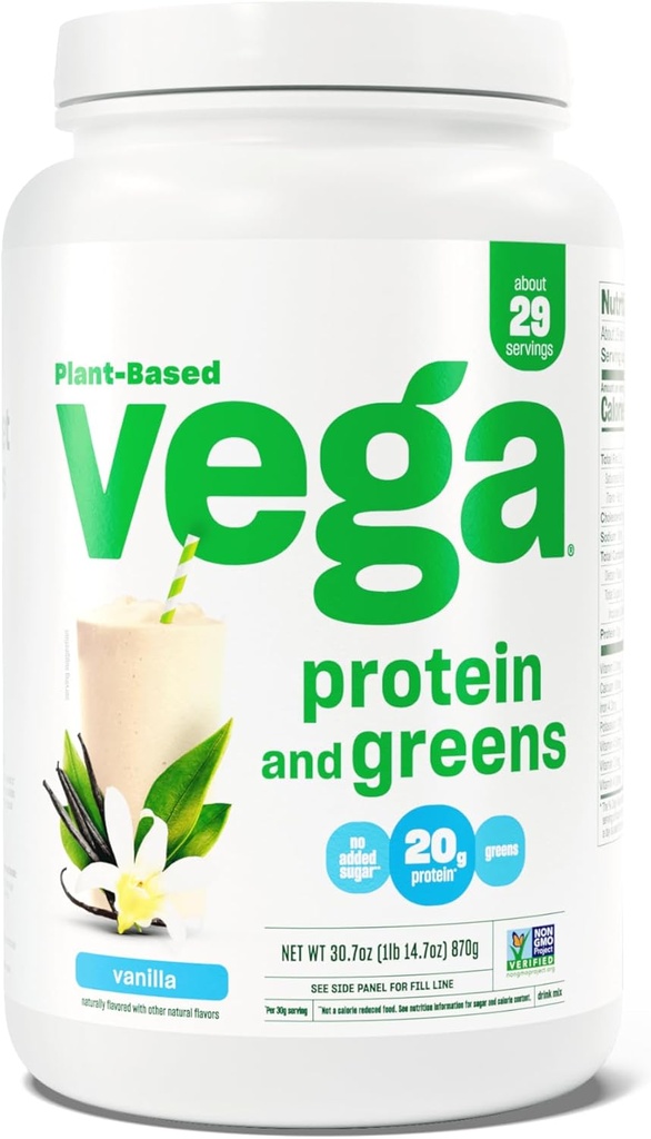 Vega Protein and Greens Protein Powder, Vanilla - 20g Plant Based Protein Plus Veggies, Vegan, Non GMO, Pea Protein für Frauen und Männer, 1.9lbs