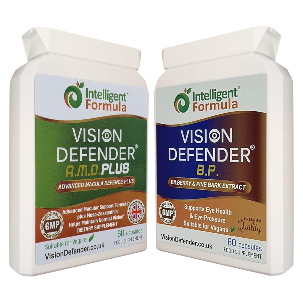 Vision Defender A.M.D. Plus & BP Eye Care Bundle – Advanced Eye Supplements mit AREDS2 (Lutein, Zeaxanthin, Vitamin C & E, Kupfer, Zink), Plus Meso-Zeaxanthin, Bilberry, Pine Bark. Hergestellt in Großbritannien
