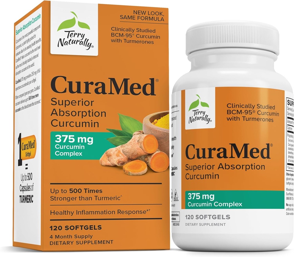 Terry Natürlich CuraMed 375mg - Antioxidans Ergänzung für Gehirn & Immun-Gesundheit Unterstützung - Nahrungsergänzung mit Curcumin & Turmeric Essential Oil - Kräuter Leberunterstützung - 120 Softgels