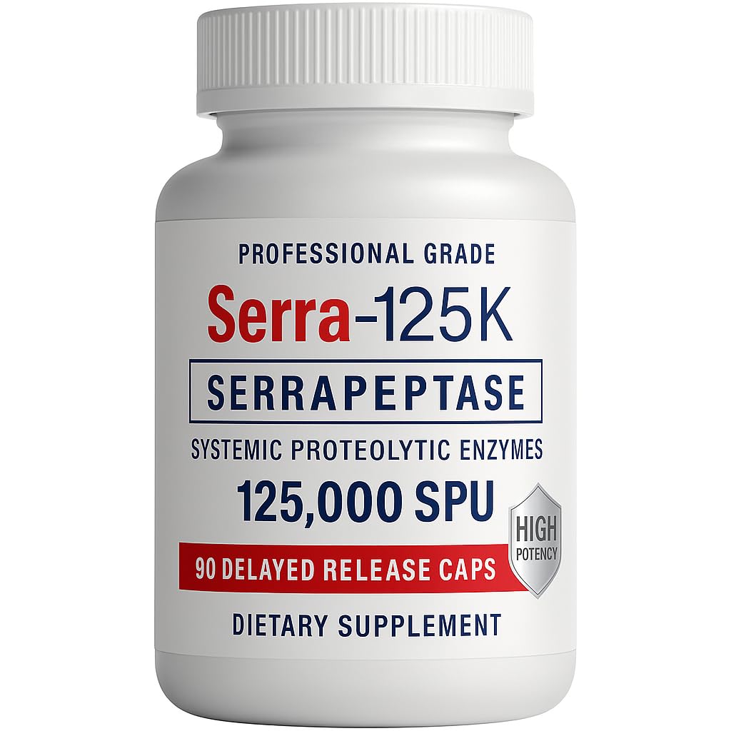 Serra-125k Extra Strength Serrapeptase 125 000 SPU, 90 capsules véganes, libération retardée, enzymes systémiques, soutient des sinus et un système immunitaire sain, non OGM et tout naturel