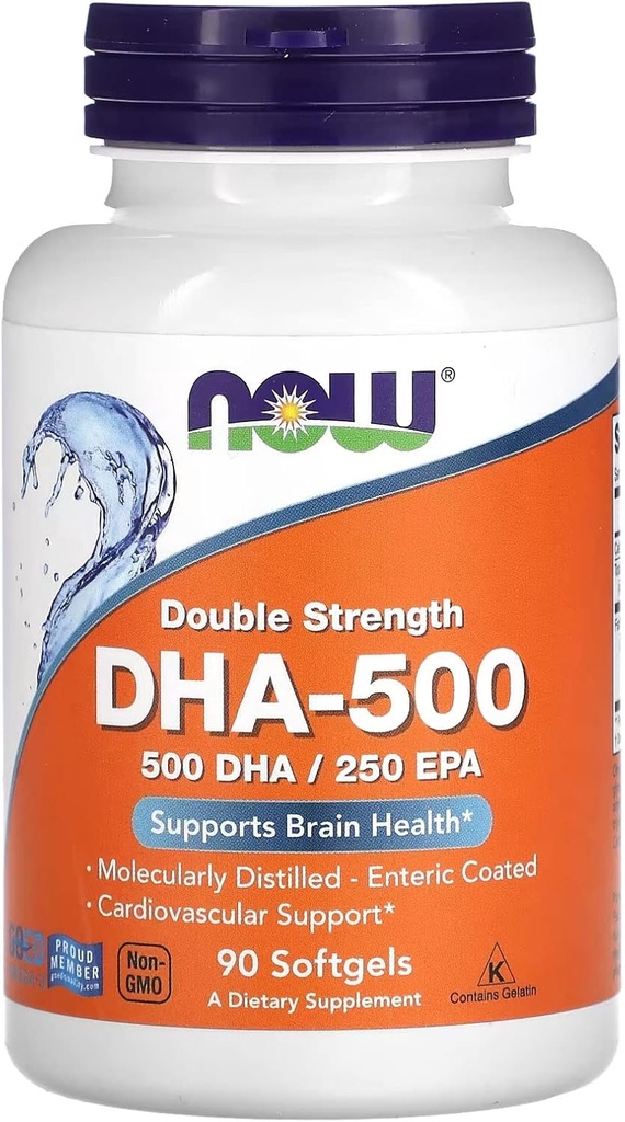MAINTENANT compléments alimentaires, DHA-500 avec 250 EPA, Distillé moléculairement, soutient la santé cérébrale*, 90 softgels
