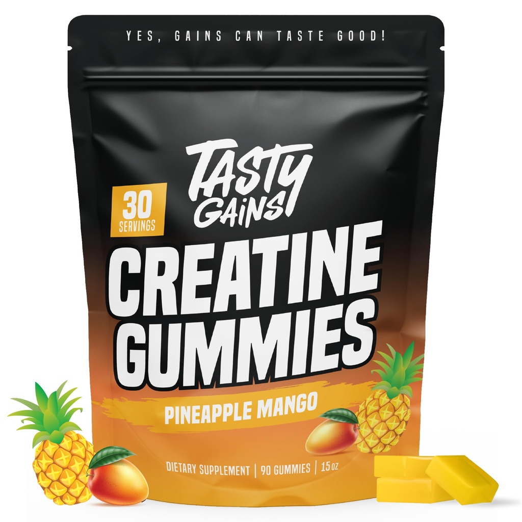GAINS TASTY Gommies de créatine - 90g de créatine monohydraté - Suppléments d'entraînement - Bâtir la force musculaire et boost pour les hommes et les femmes - Fabriqué aux États-Unis - Non OGM - Vegan Friendly (Grande, Mangue des ananas)