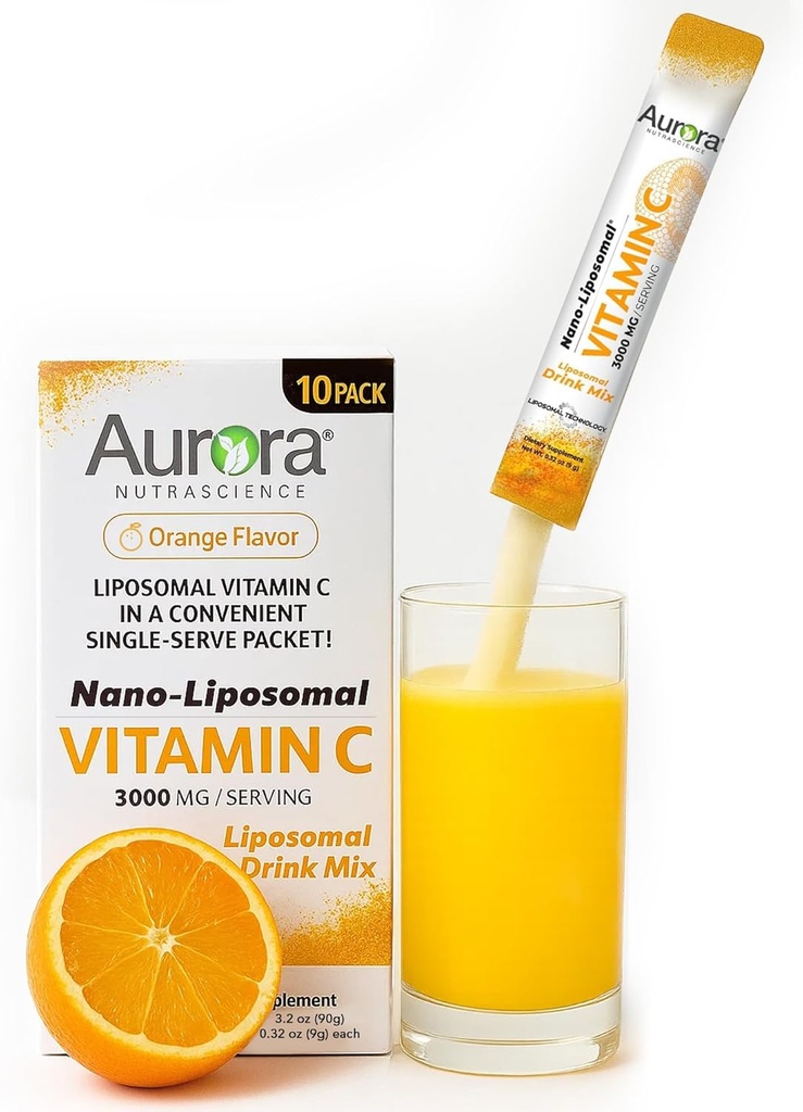 Aurora Nutrascience Nano-Pack Liposomal Vitamin C Pulver-Getränk-Mix, Immununterstützung, hohe Stärke 3.000 mg pro Servieren 10 Single Serve Packets, Orange