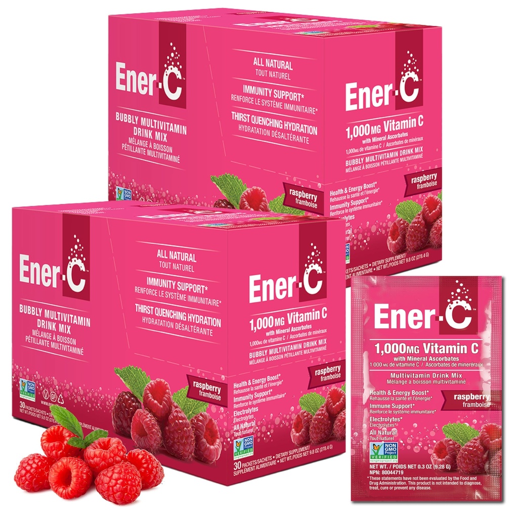 Ener-C Multivitamin Drink Mix - Vitamin-Packets für Wasser, Elektrolyte Pulver-Packets, Vitamin Drink Mix, Hydration Liquid Mix, Immun Booster für Erwachsene, Gesunde Energie - Raspberry, 60 Count