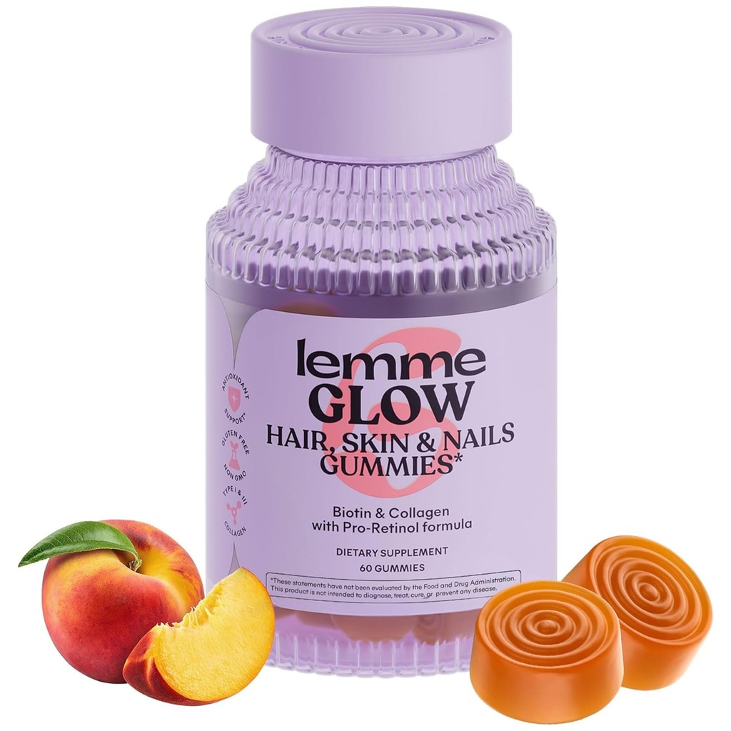 Lemme Glow Collagen Gummies pour cheveux épais, ongles forts et peau saine avec des peptides multicollagènes, biotine, minéraux traces, zinc, vitamines A, C & E, sans lait et sans gluten, parfum de pêche, 60 ct.