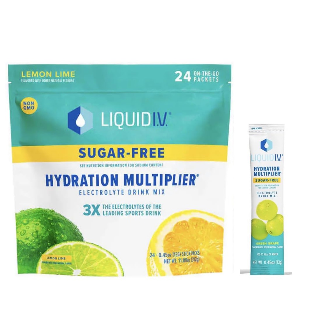 Flüssige I.V. Zuckerfreie Hydration Multiplikator - Lemon Lime – Hydration Powder Packets, Elektrolyt-Getränk-Mix, Easy Open Single-Serving Stick Non-GMO 24 Sticks + 1-0.45 grüner Traubenzucker frei