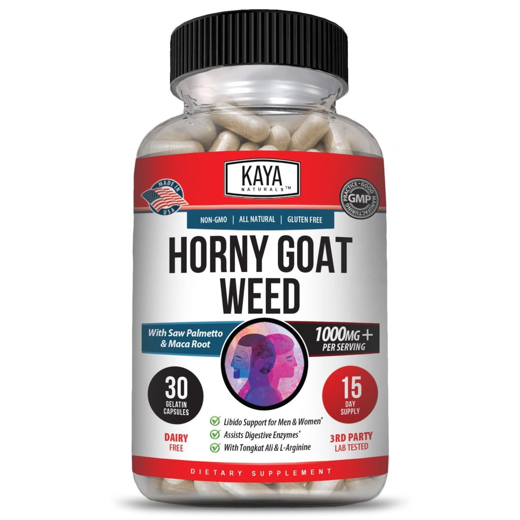 Kaya Naturals Horny Goat Weed für Männer und Frauen - 1560mg Komplex mit Maca, Saw Palmetto, Ginseng, Arginine Vitamin Supplement - Horny Goat Weed - 30 Count