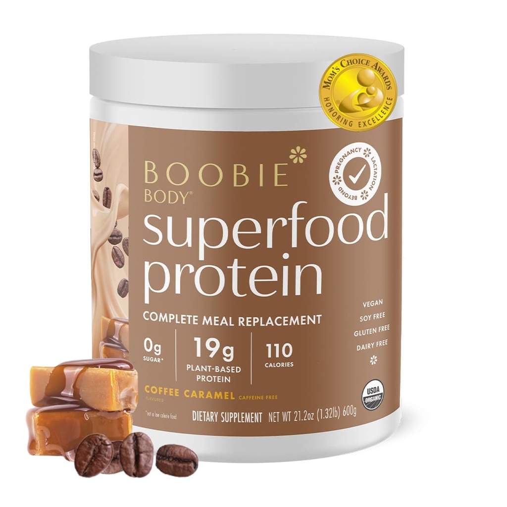 Boobie Body Superfood Protein Schwangerschaft und Postpartum Meal Ersatz Shake, Kaffee Caramel Flavor | 19g Protein | Sicher für Lactation & Mutterschaft | Organic, Vegan, Zero Sugar, 1 Tub (20 Servierungen)