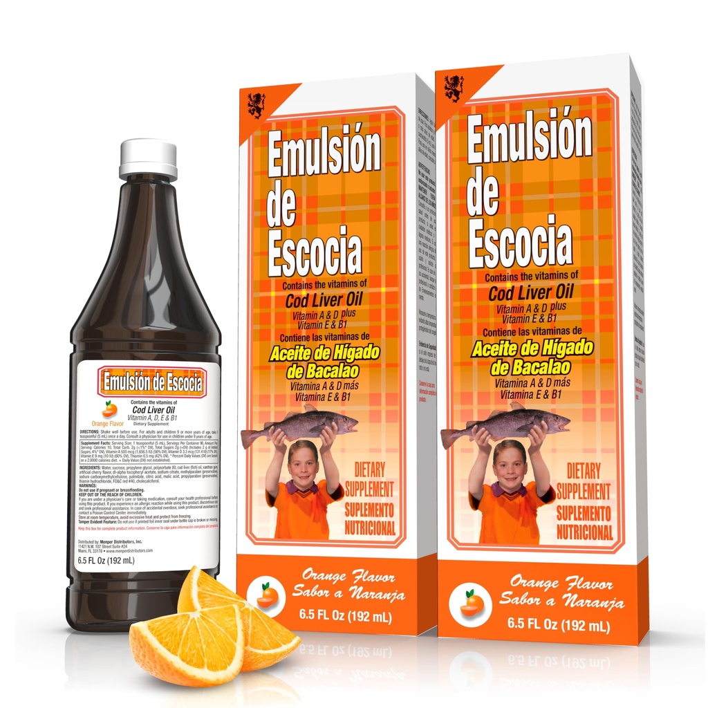 Emulsión de Escocia Complexe d'huile de foie de morue aux vitamines A, D, E, B1 - Supplément alimentaire naturel orange pour le soutien immunitaire et la santé des os - Huile essentielle de poisson Omega 3 - 6,5 oz (2-pack)