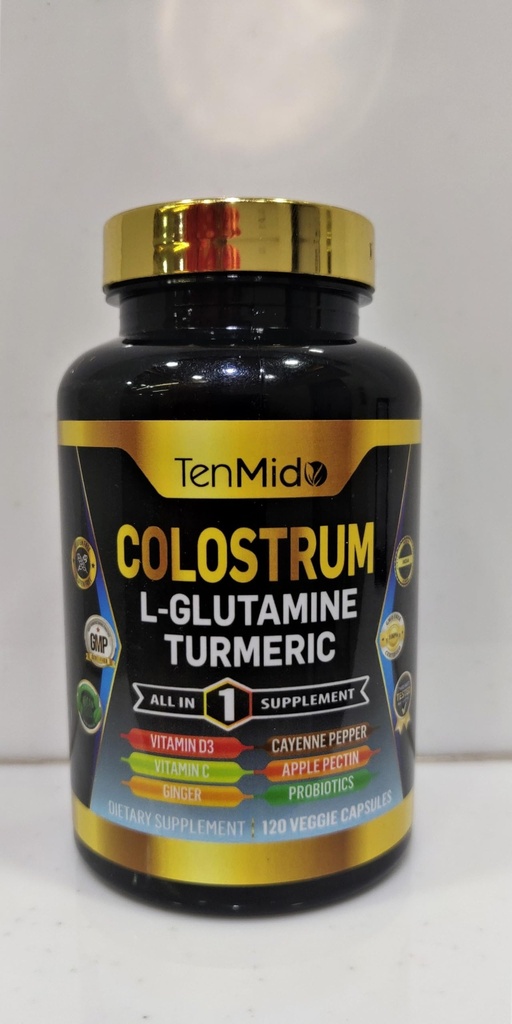 Colostrum Supplement - 10in1 Formel - Kombinieren Sie mit L- Glutamin, Kurkuma, Cayenne Pfeffer, Apfelpektin, Probiotika, Ingwer und mehr - Verdauungsgesundheit, Immununterstützung - 120 Kapseln