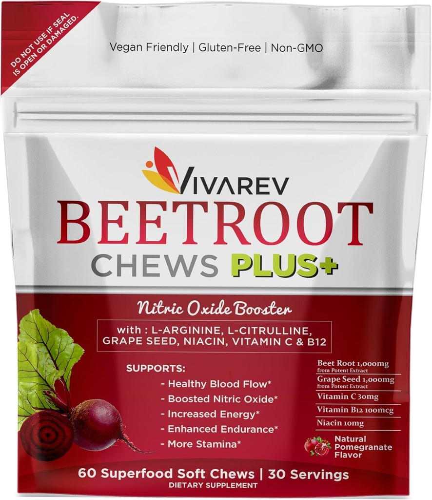 Beetroot Nitric Oxid Supplement - 1000mg Rübenpulver mit L Arginin, L Citrullin, Trauben-Sädt-Extrakt, Niacin, Vitamin C & B12 - Rübenkäse - Packung von 60