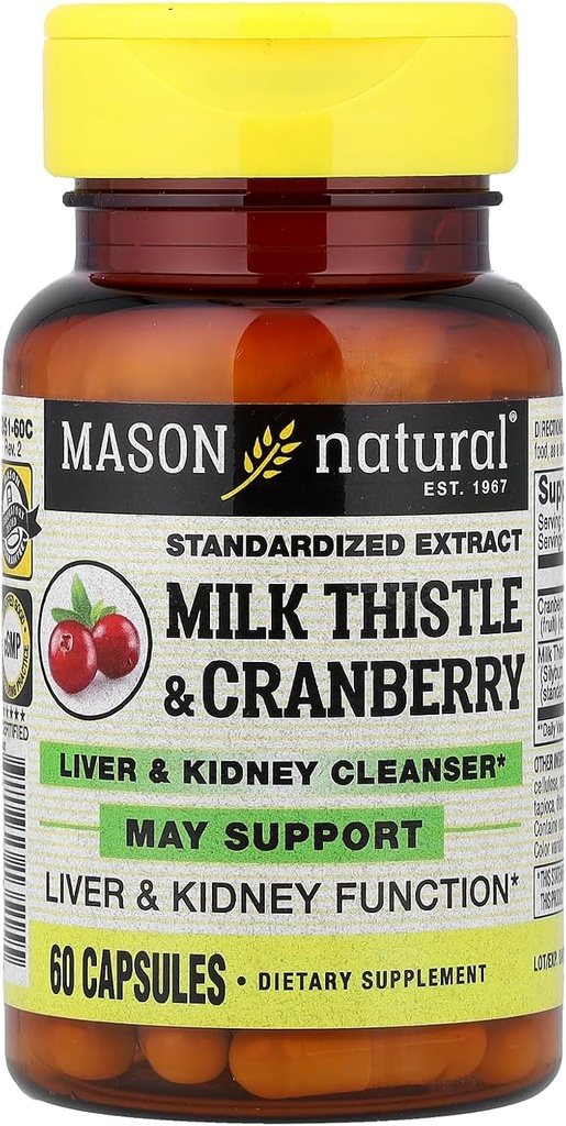 Mason Vitamins Milk Thistle/Cranberry Liver und Kidney Cleanser Kapseln, 60 Zähler