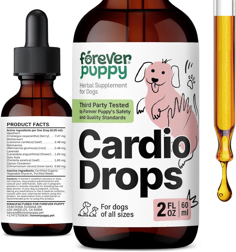 Forever Welpen Cardio Tropfen für Hunde - Hawthorn Berry & Mutterwort Kräuter - Flüssige Antioxidante Ergänzung mit Gotu Kola Blätter & Lavender Extrakt - 2 fl oz