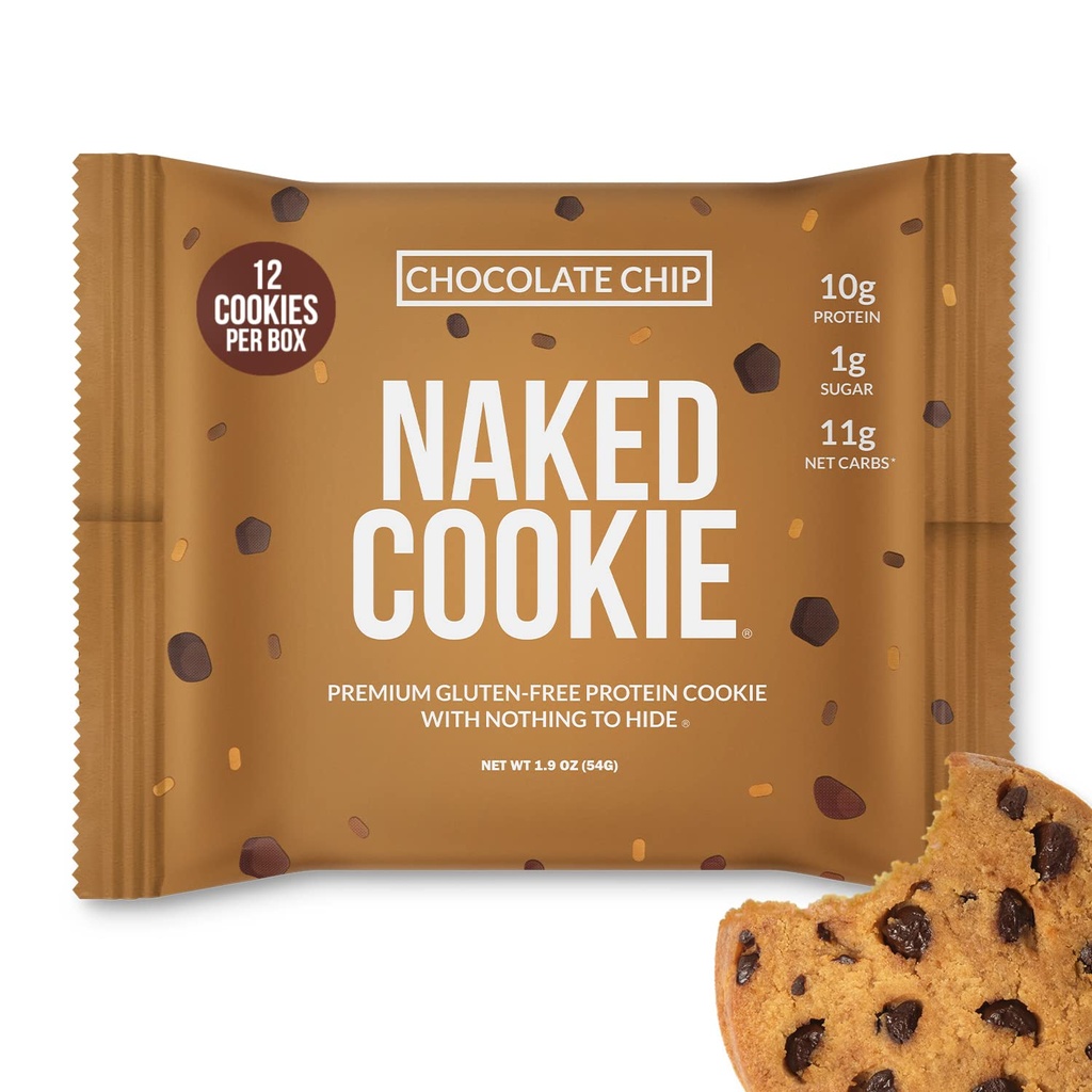Naked Chocolate Chip Protein Cookies - Premium Gluten-Free High Protein Cookies, Only 1G Sugar, 6G Fiber, No Artificial Sweeteners, Soy Free, No Gmos - 12 Pack