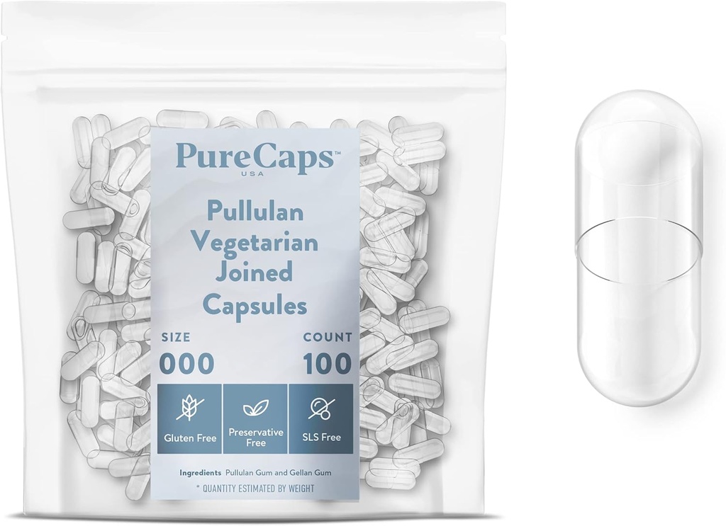 PureCaps USA - Leere vegetarische Vegan Pullulan Pillen Kapseln Größe 000 | 1.000 Füge Pillen| Clear| Nicht-GMO Zertifiziert | SLS, Gluten, Konservierungsfrei