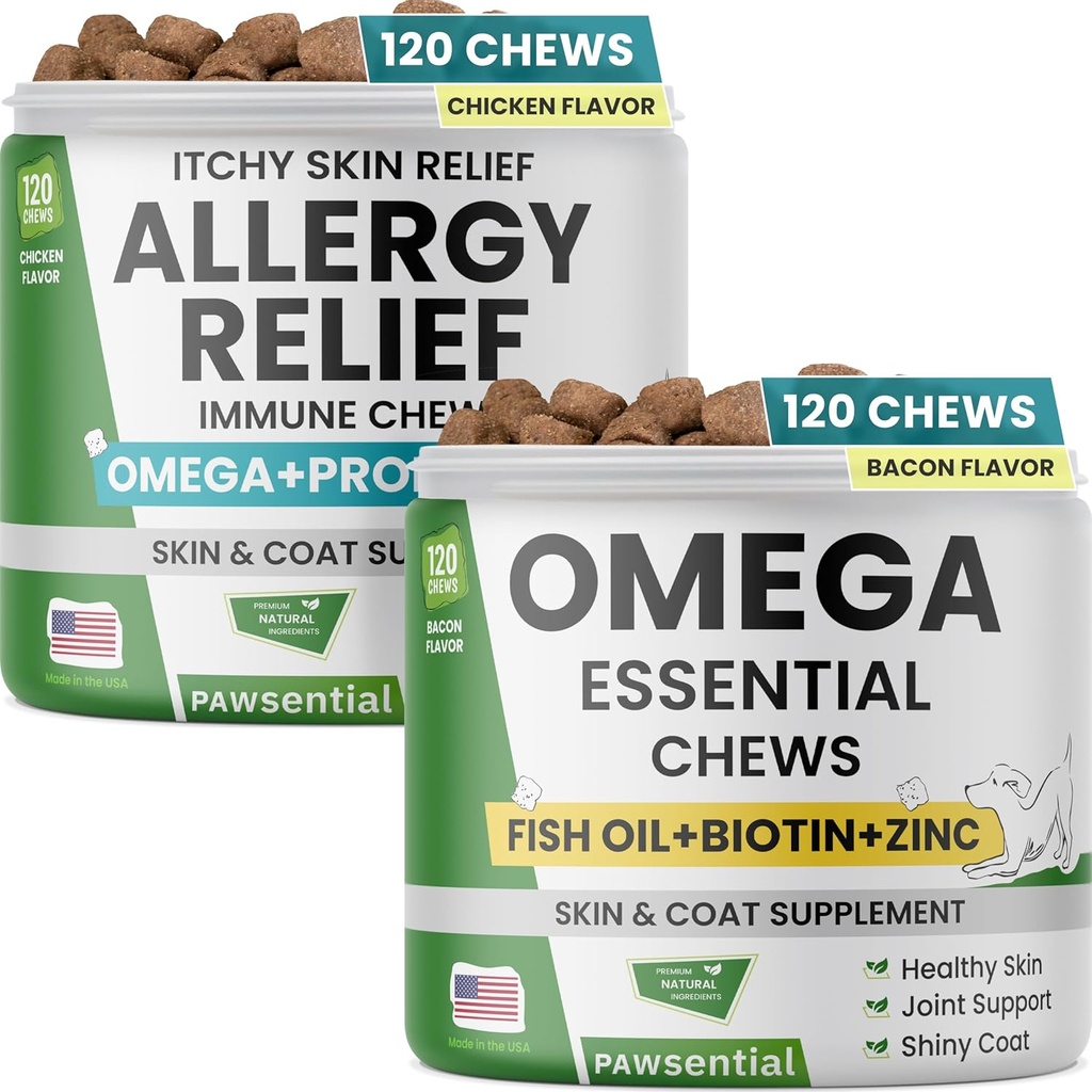 Allergy Relief Hundekäse + Omega Fish Oil - Juckreiz Skin Relief w/Probiotics + Omega 3 + Colostrum, Omega Skin & Coat Supplement Chews
