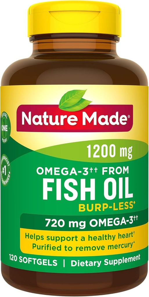 Huile de poisson de Burp-Less 1200 mg Un par jour, 120 Softgels, huile de poisson Oméga 3 Supplément pour la santé cardiaque