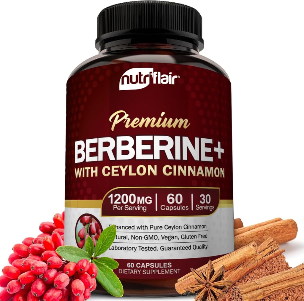 NutriFlair Premium Berberine HCL 1200mg, 60 Kapseln - Plus Pure True Ceylon Cinnamon, Ergänzungen Pillen, Immunsystem Unterstützung