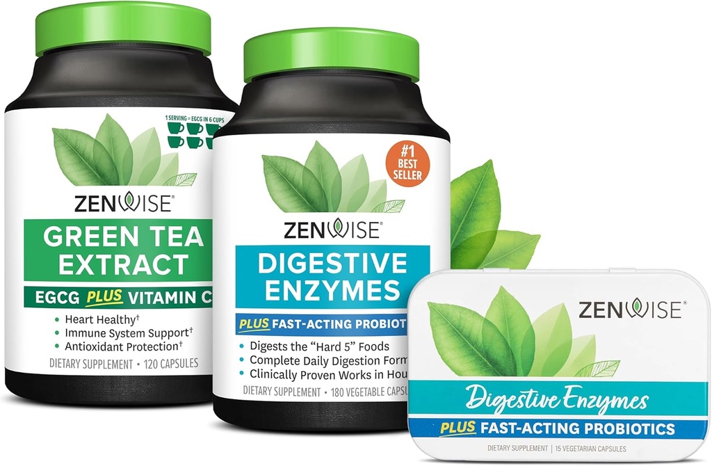 Zenwise Gesundheit Verdauungsenzyme, Grüner Tee Extrakt und freie Reise Tin