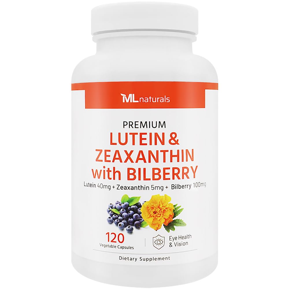 ML Naturals Premium Lutein & Zeaxanthin avec Bilberry 120 capsules végétales. Lutéine 40 mg, Zeaxanthin 5 mg et Bilberry 100 mg. Qualité premium. Des yeux et une vision sains, certifiés NSF et conformes aux GMPc
